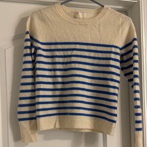 Cynthia Rowley Cream and Blue Striped Crew Neck Sweater, 100% Cashmere